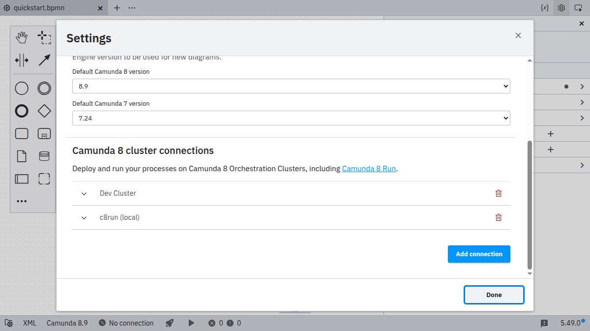 Connection manager showing add button