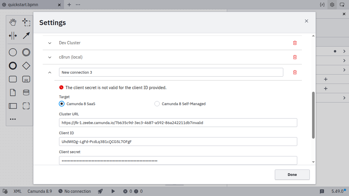 Connection manager showing connection error