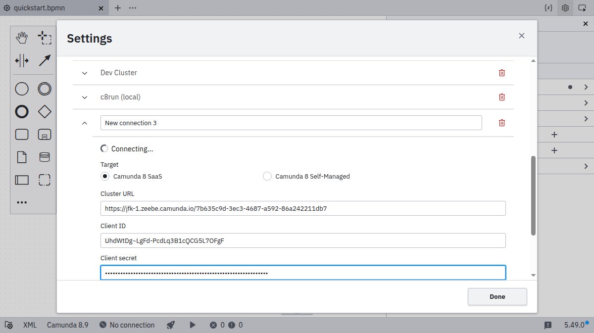 Connection manager with new connection information filled in