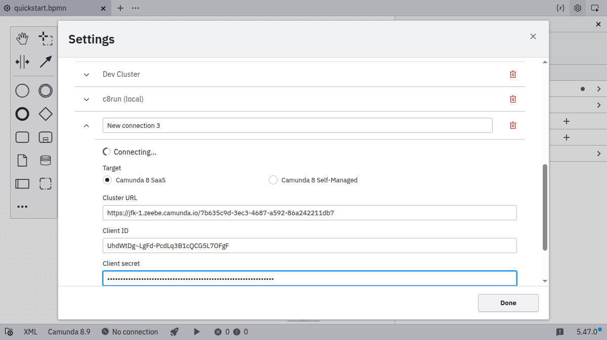 Connection manager with new connection information filled in