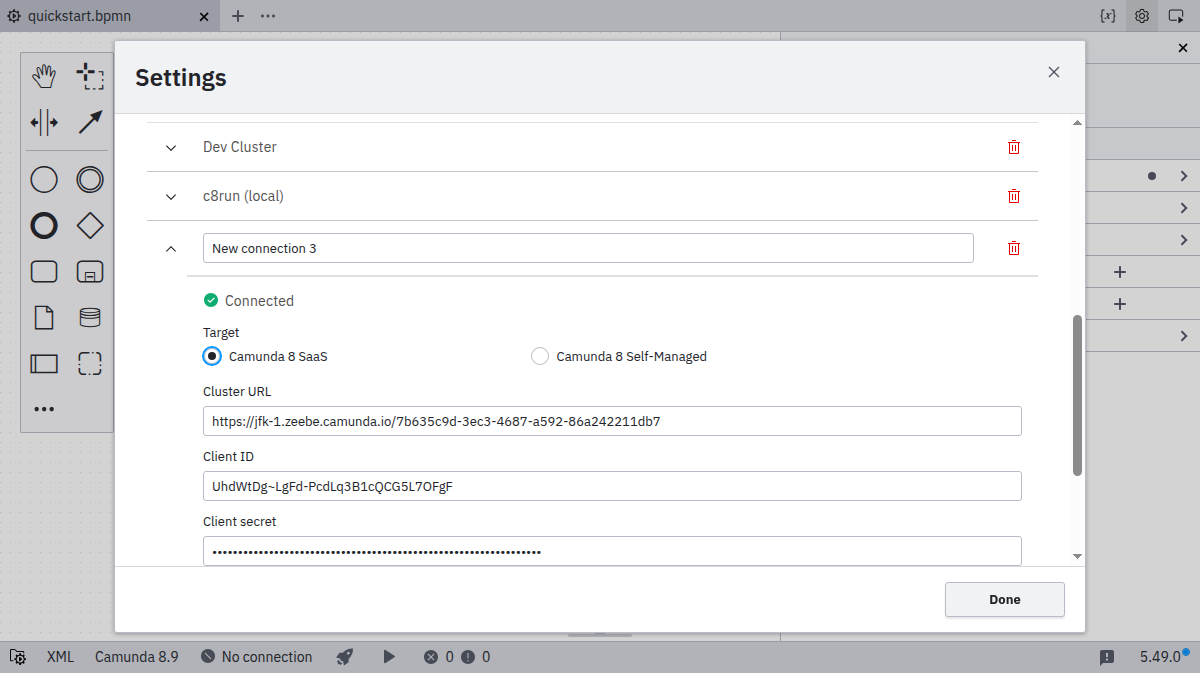 Connection manager showing connection success