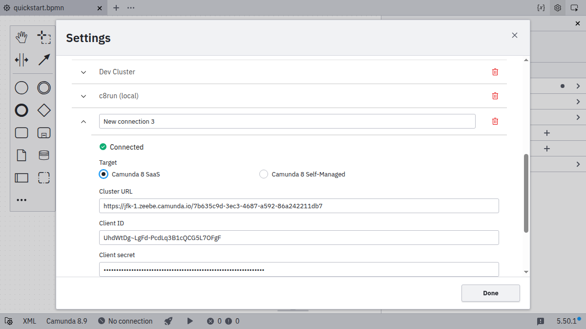 Connection manager showing connection success