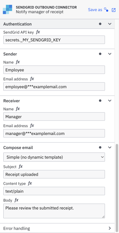 filling out connector properties panel