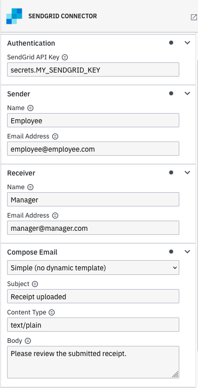 filling out connector properties panel