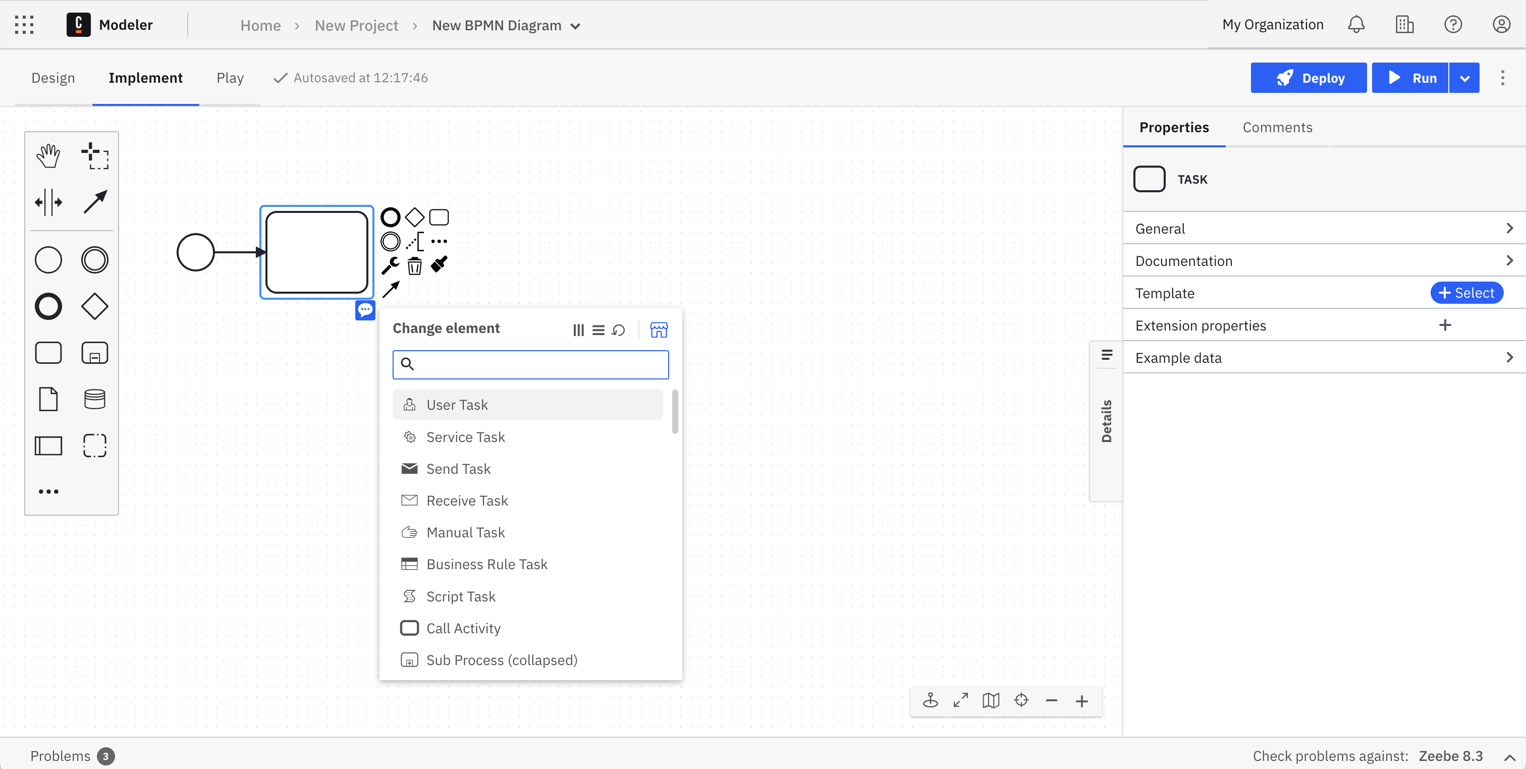 Blank task on Web Modeler canvas with properties panel open