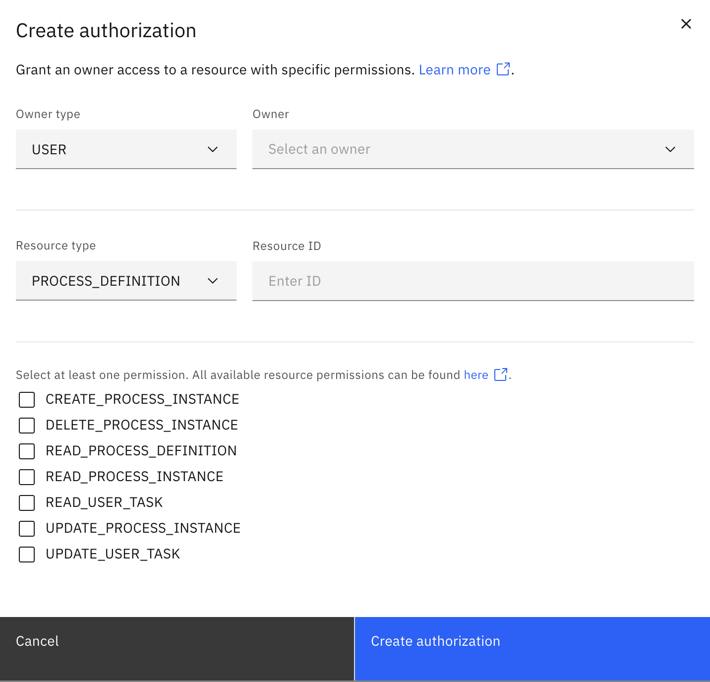 Create authorization tab