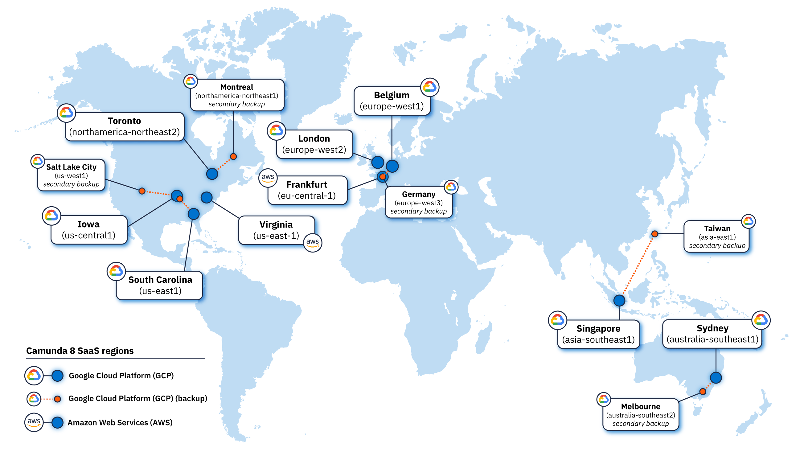 World map showing the location of each GCP and AWS region