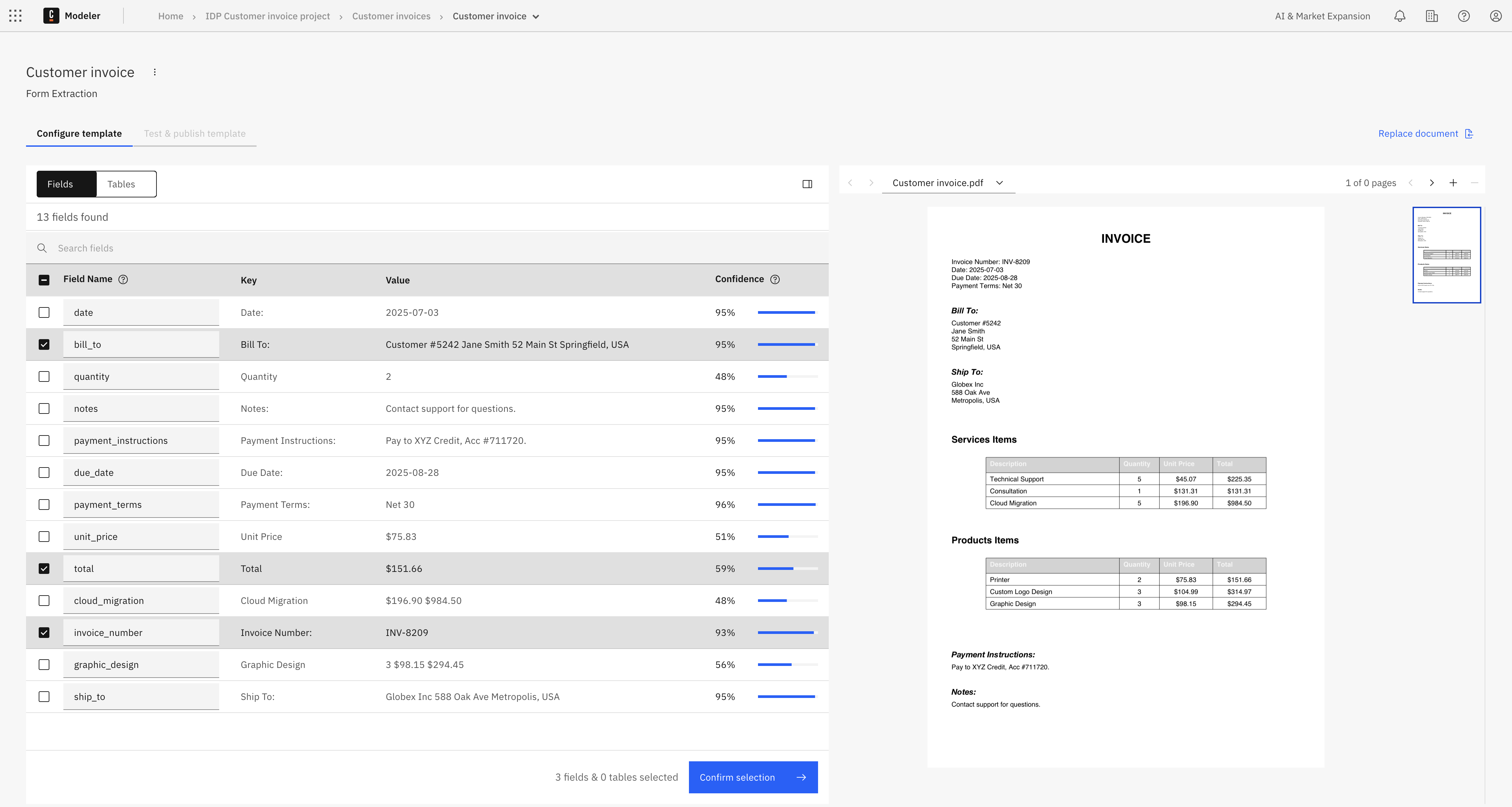 Extracted fields and tables - select fields