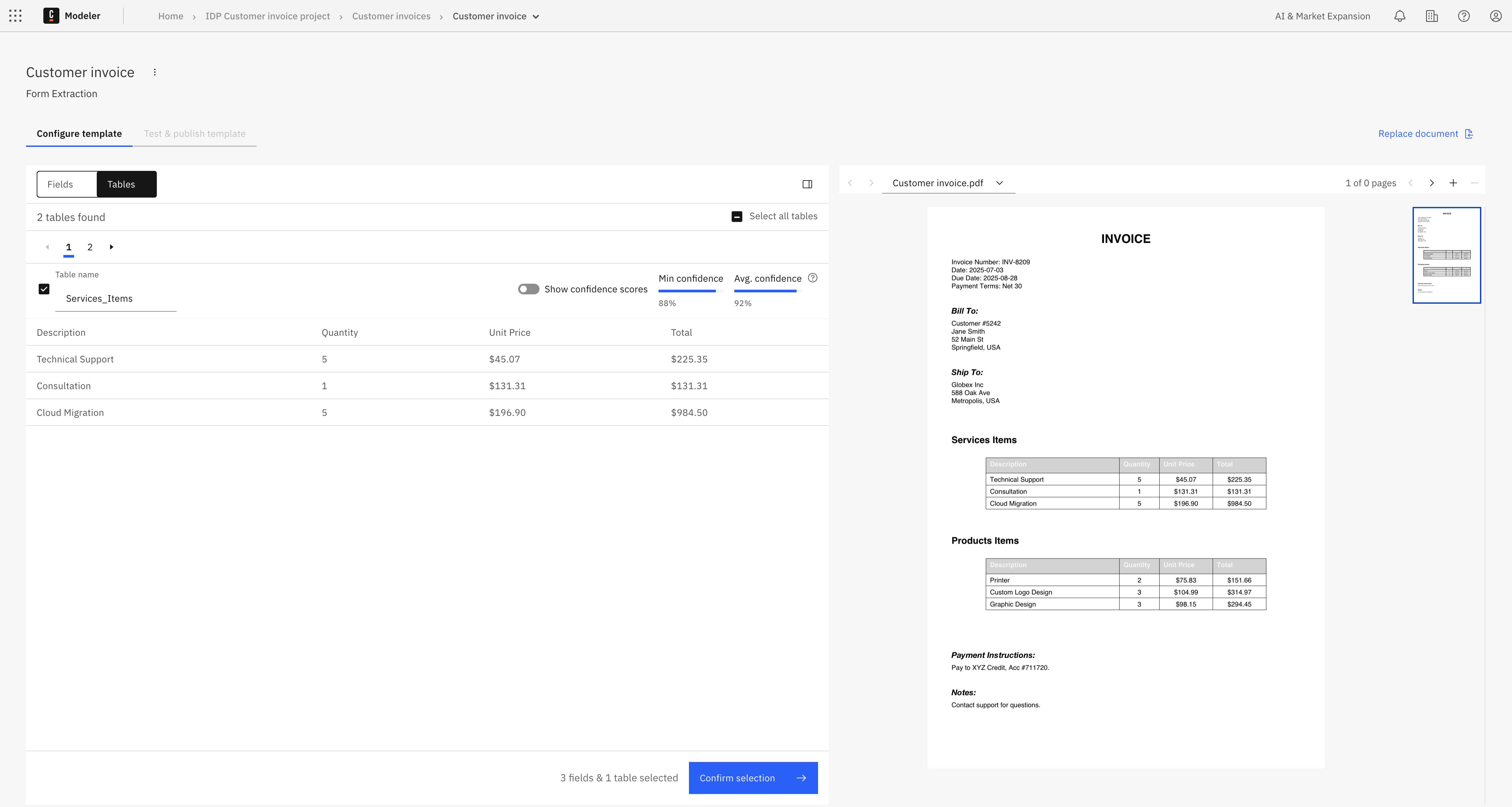 Extracted fields and tables - select table