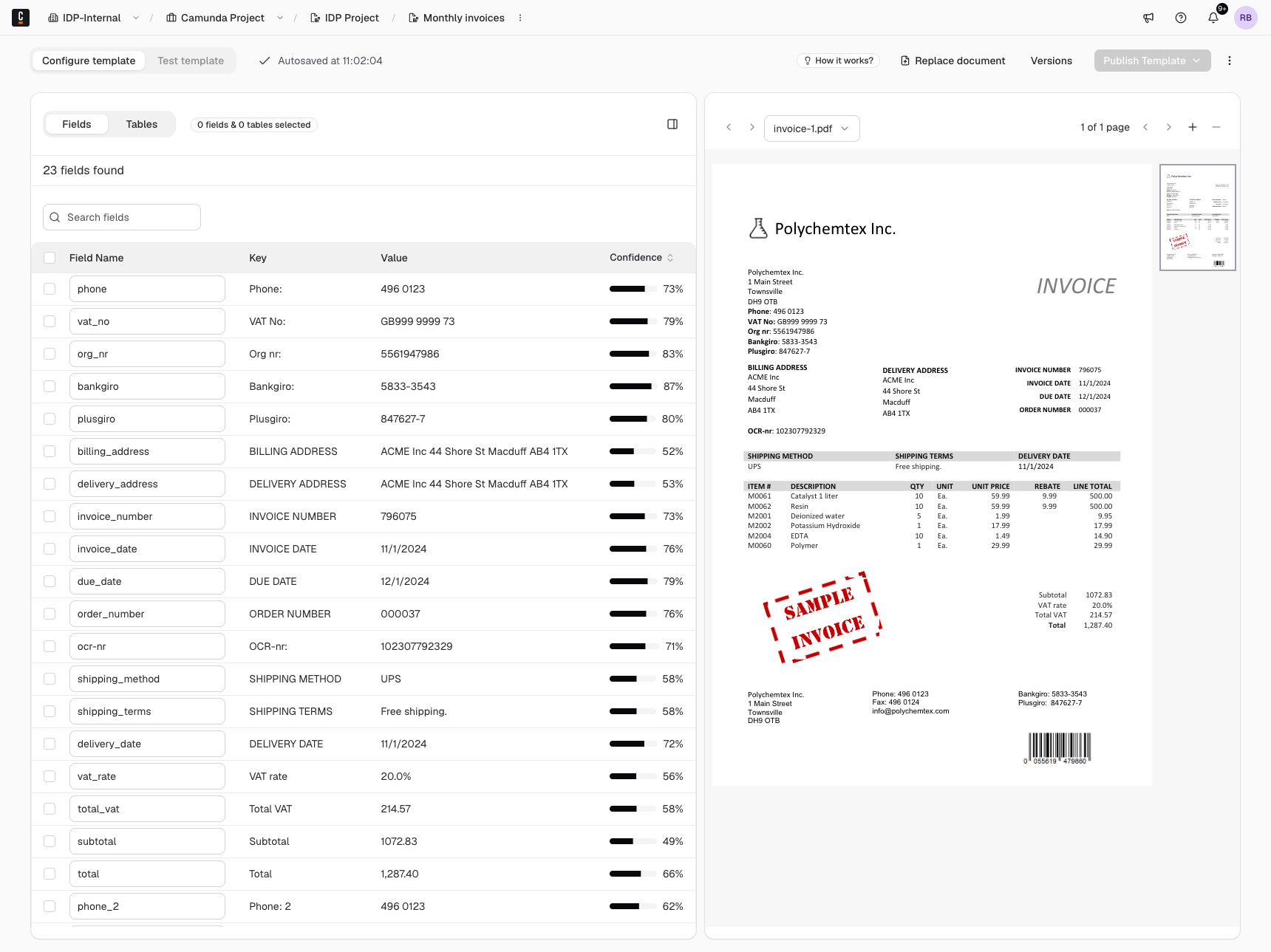 Extracted fields and tables