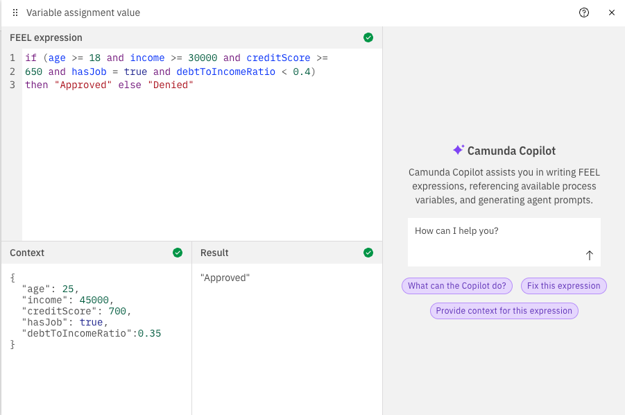 Example image showing the FEEL Playground Sample Data and Result of a FEEL expression validation