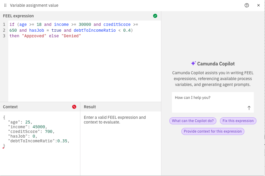 Example image showing the FEEL Playground Sample Data and Result of a FEEL expression validation