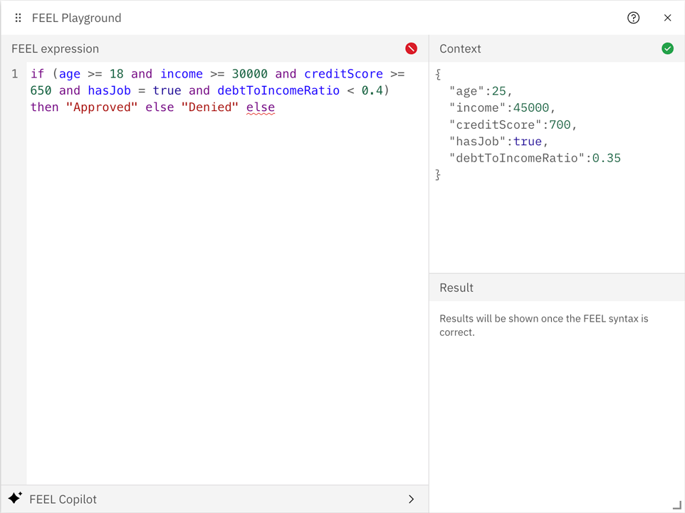 Example image showing the FEEL Playground Sample Data and Result of a FEEL expression validation