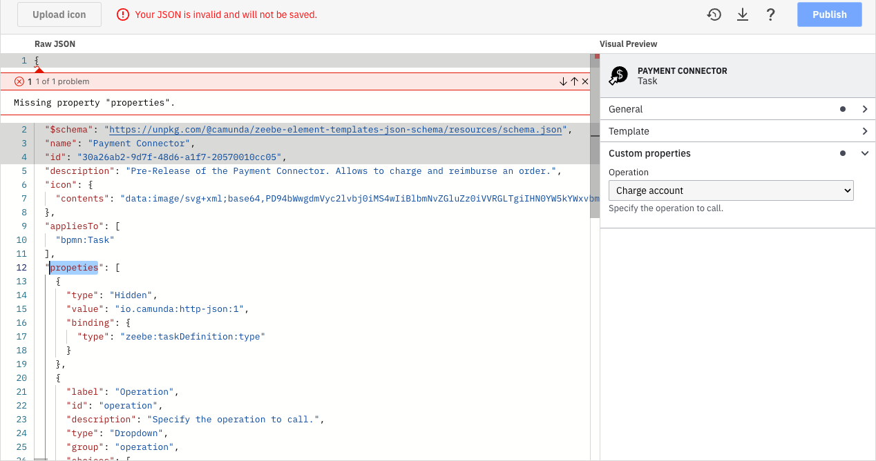 Some connector template problems highlighted in the first line