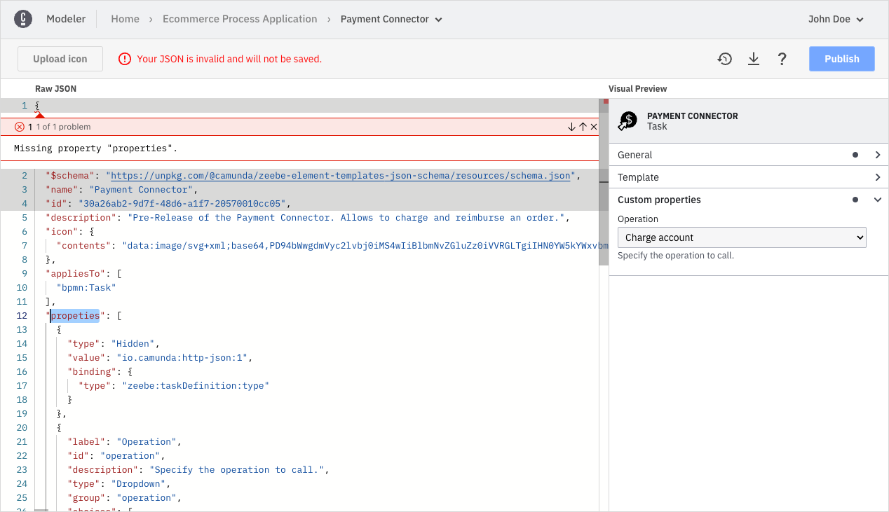 Some connector template problems highlighted in the first line