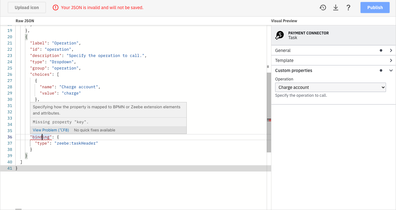 Indicating problems in connector templates