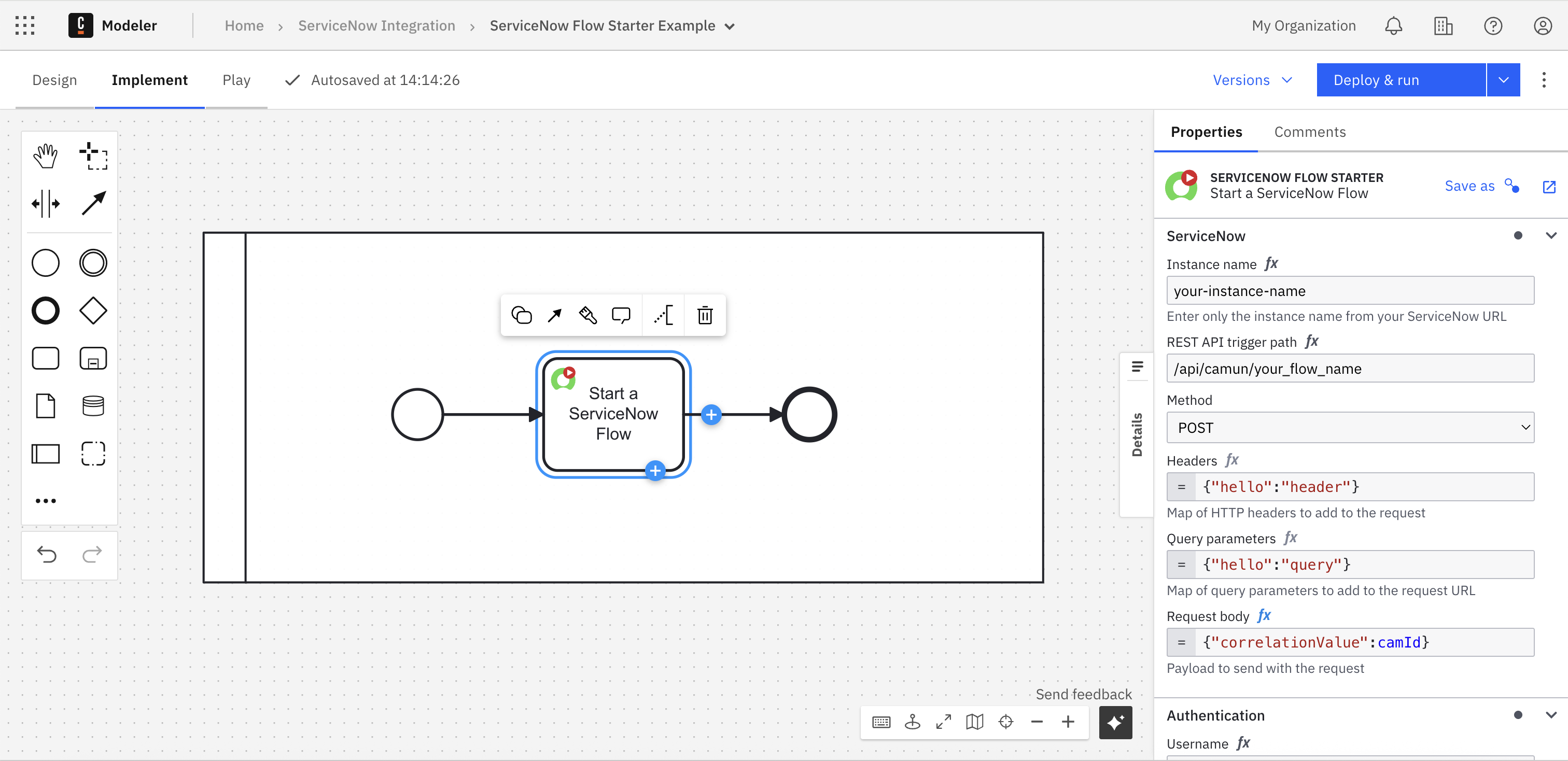 Configuration of the Flow Starter connector in Camunda Modeler.