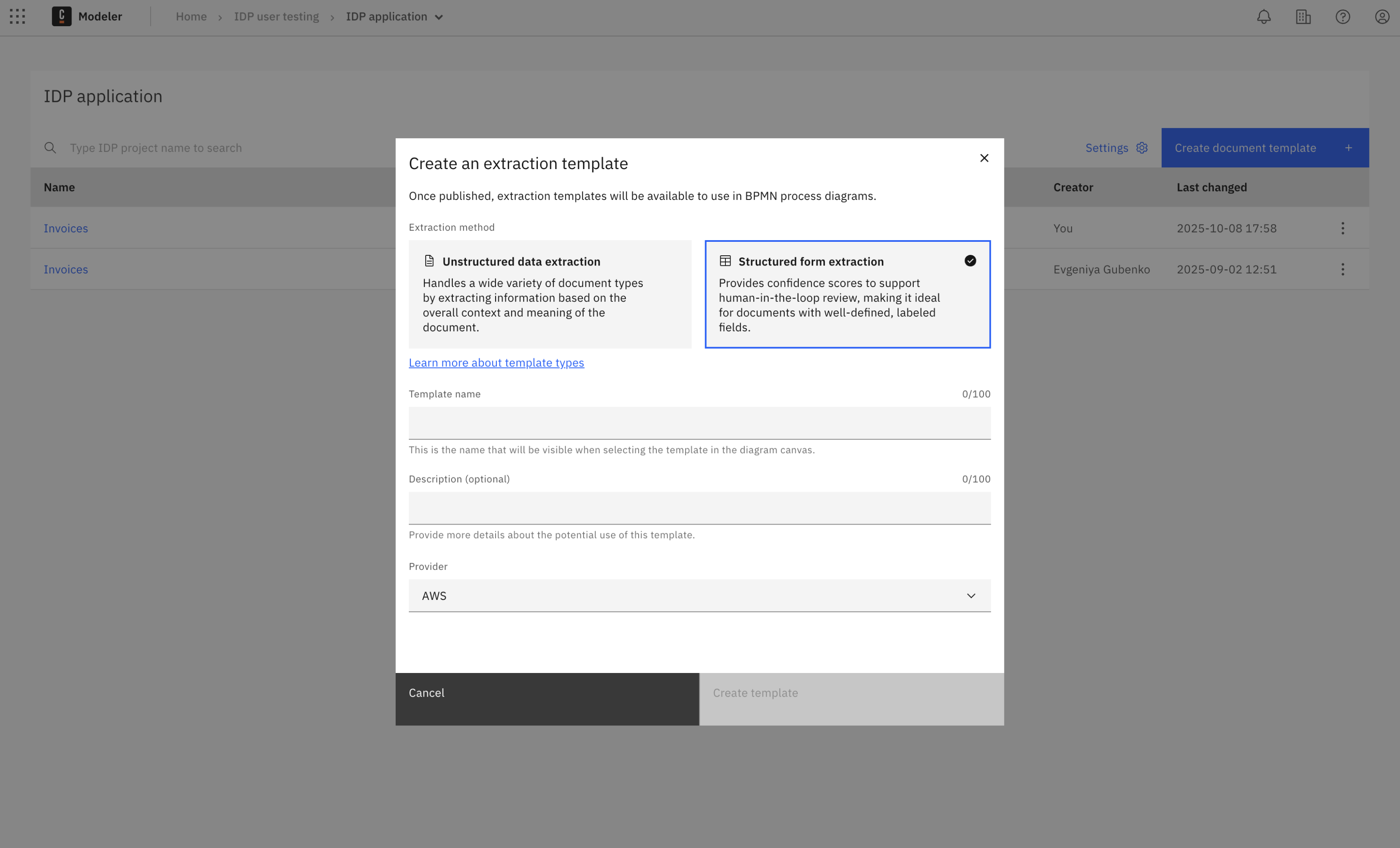 Create form extraction template