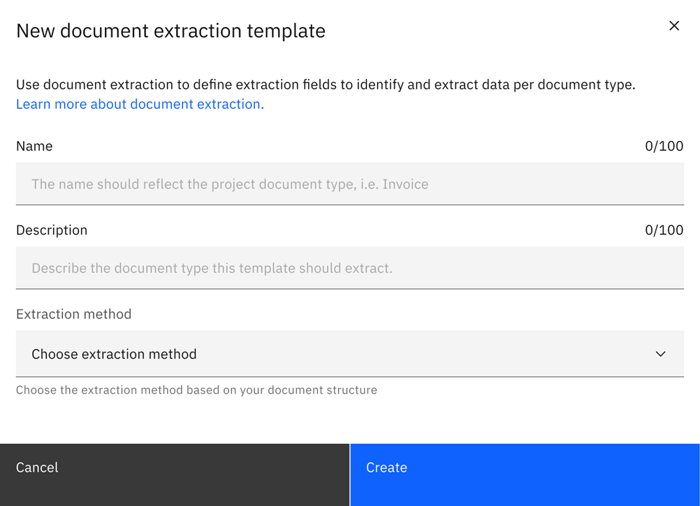 Create an extraction project modal