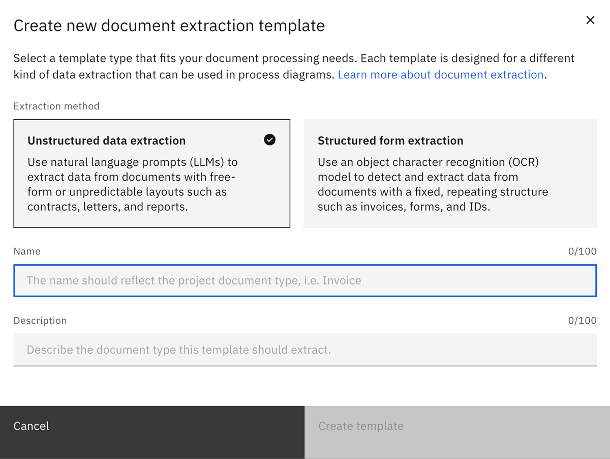Create an extraction project modal