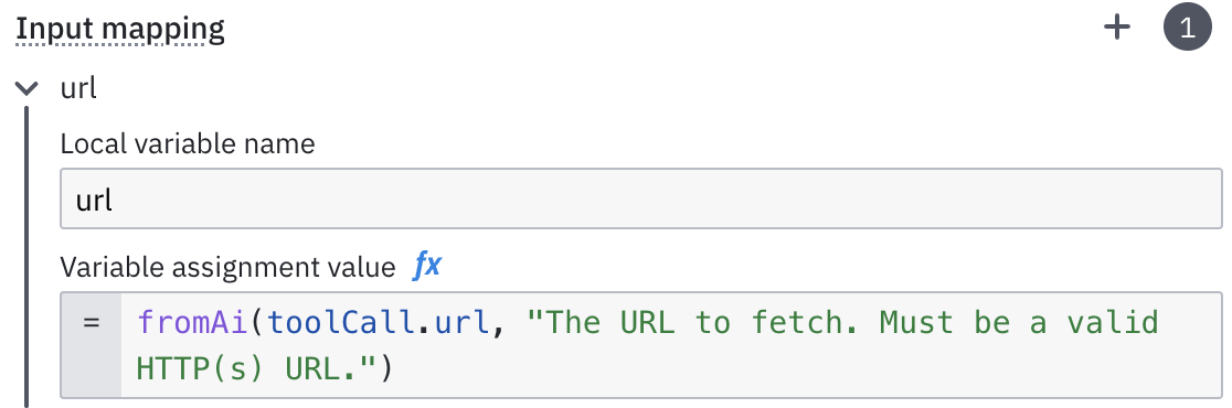 Input mapping with local variable name url and a fromAi() FEEL expression as the variable assignment value