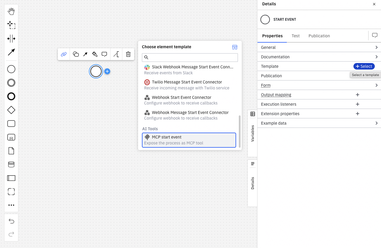 A BPMN message start event in Web Modeler with the MCP start event element template applied, showing the properties panel