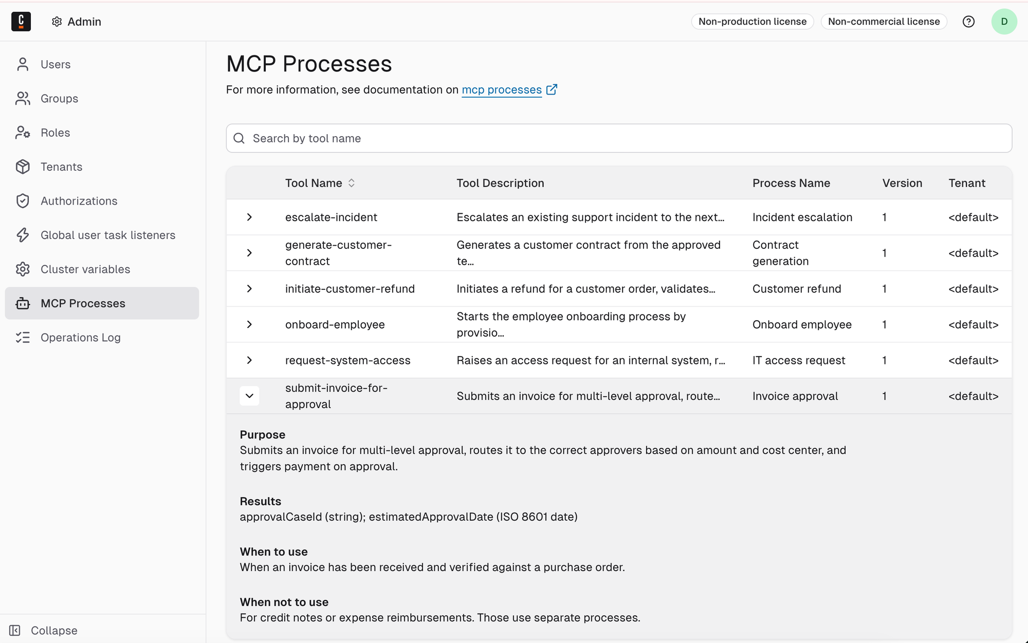 Admin UI page listing processes registered as MCP tools, showing tool name, tool description, process name, version, and tenant