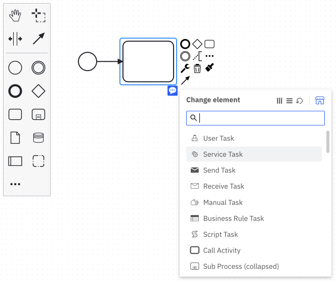 Task with dropdown showing config, including service task