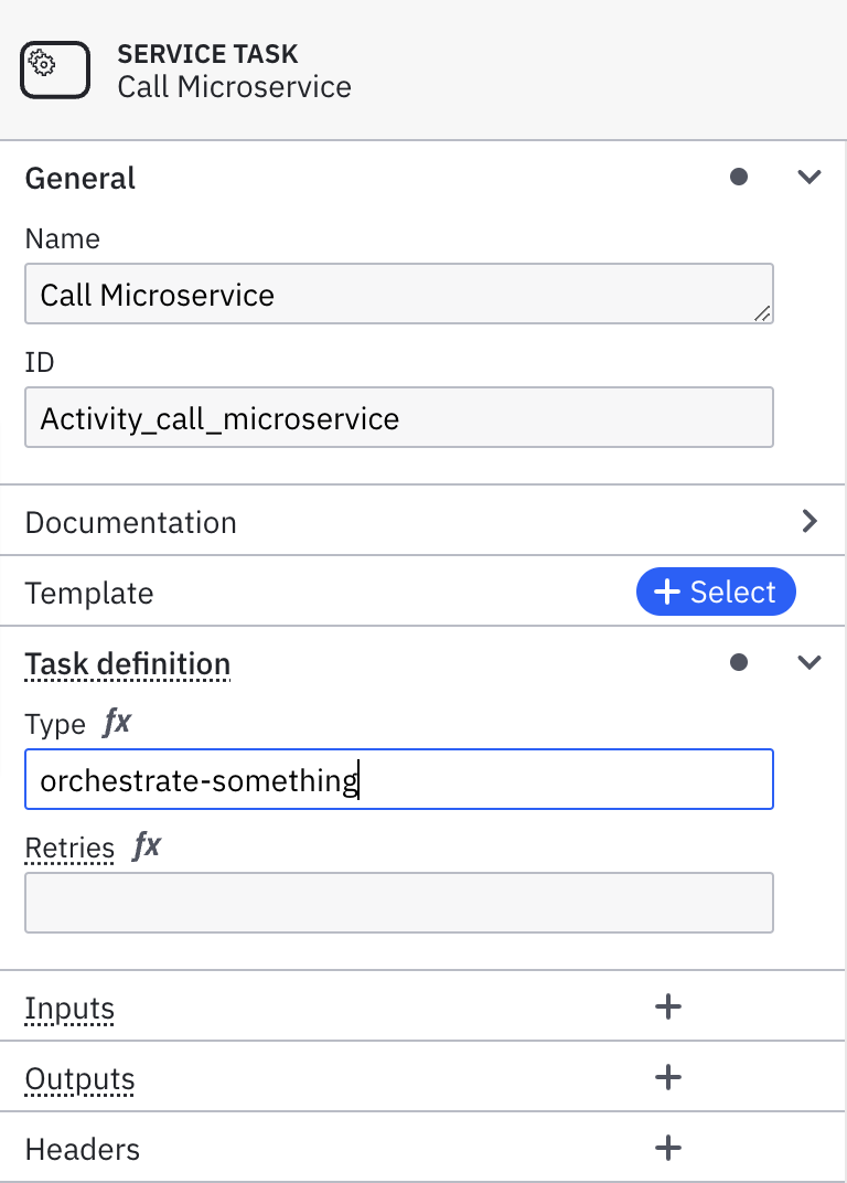 Service task with properties panel open