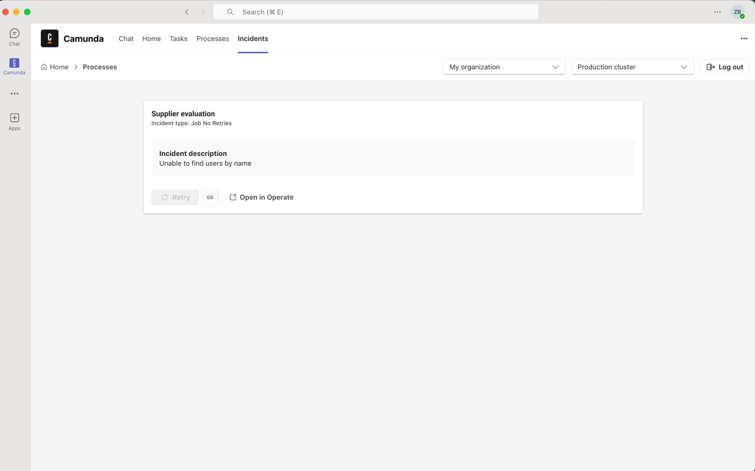 Microsoft Teams Camunda App incidents