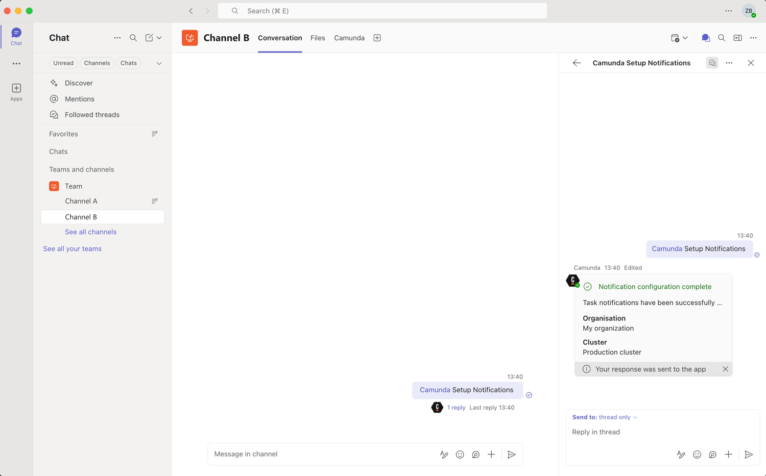 Microsoft Teams Camunda App notifications channel