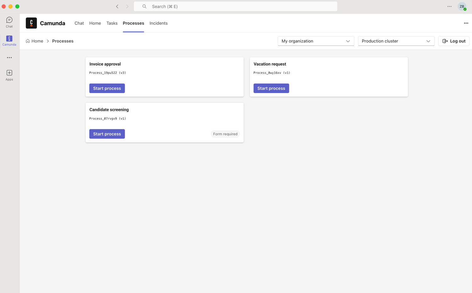 Microsoft Teams Camunda App process