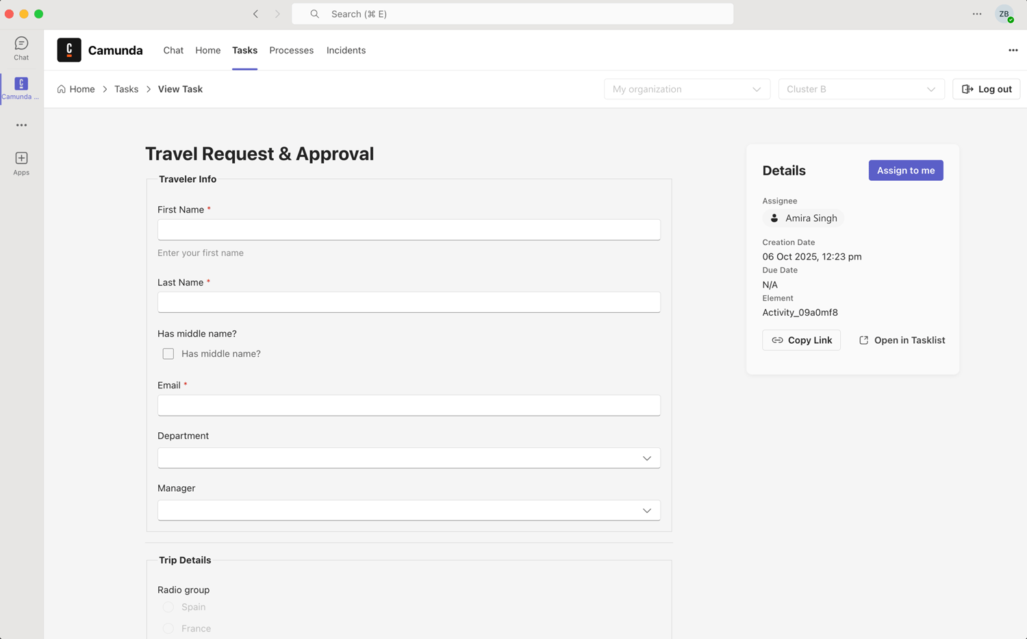 Microsoft Teams Camunda App Tasks tab