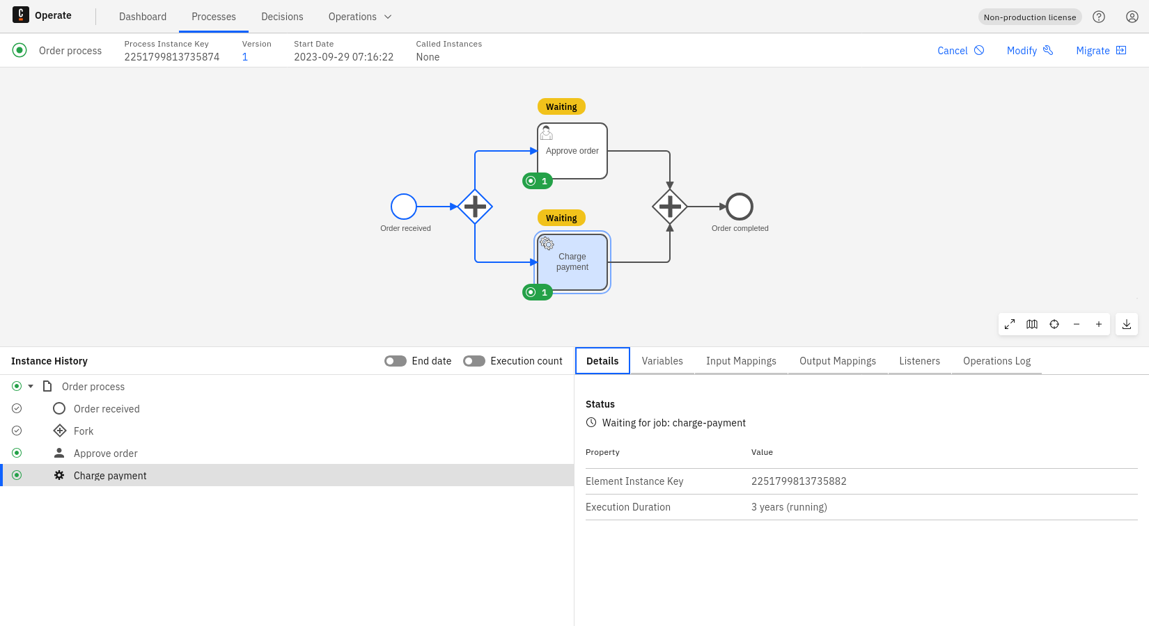 An active process instance with two elements showing a Waiting label. The Charge payment element is selected, and the Details tab shows the wait state status and properties.