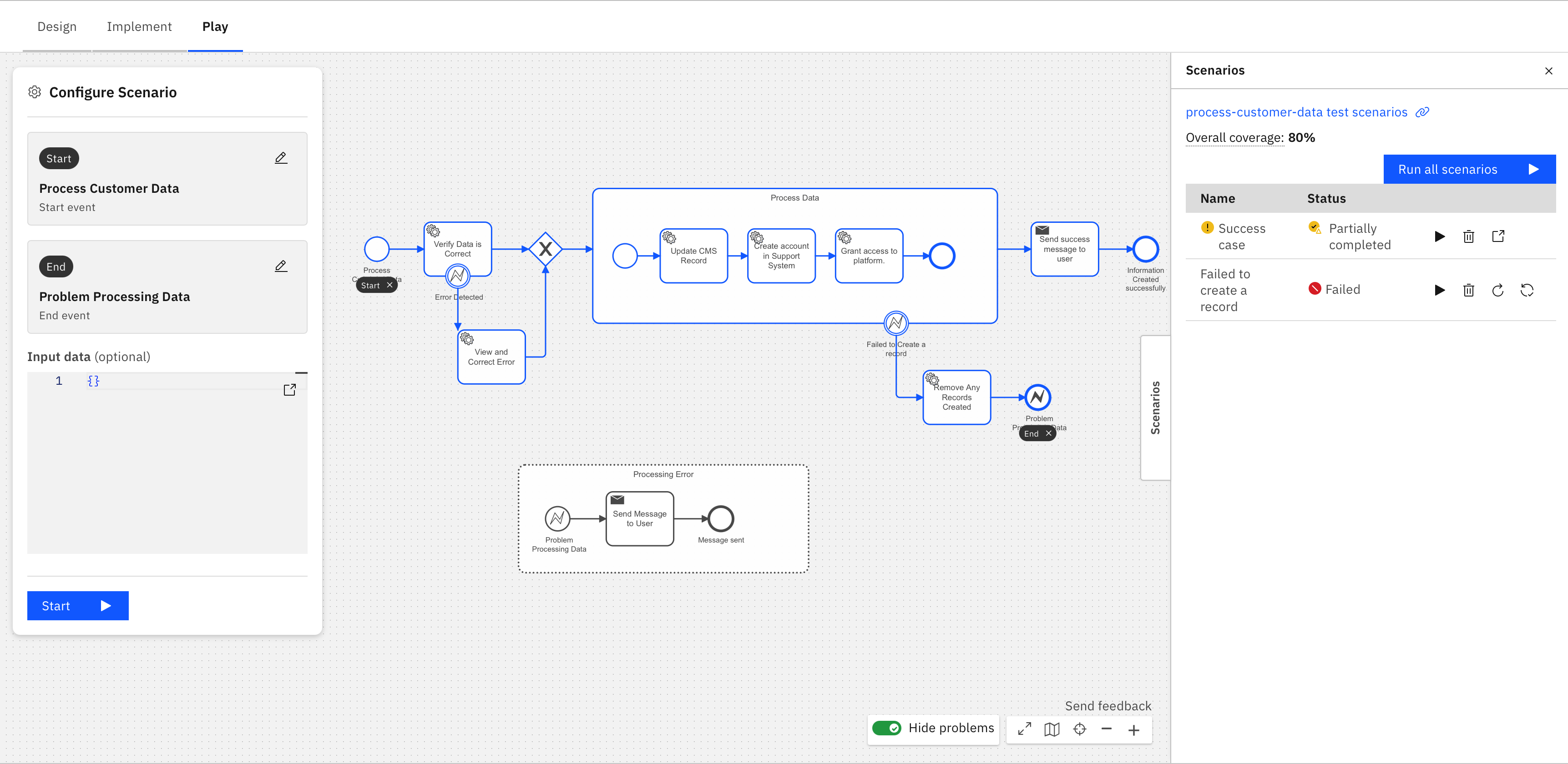 Run a scenario on the process definition page