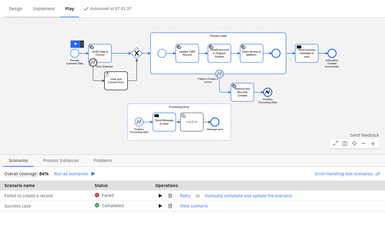 Run a scenario on the process definition page