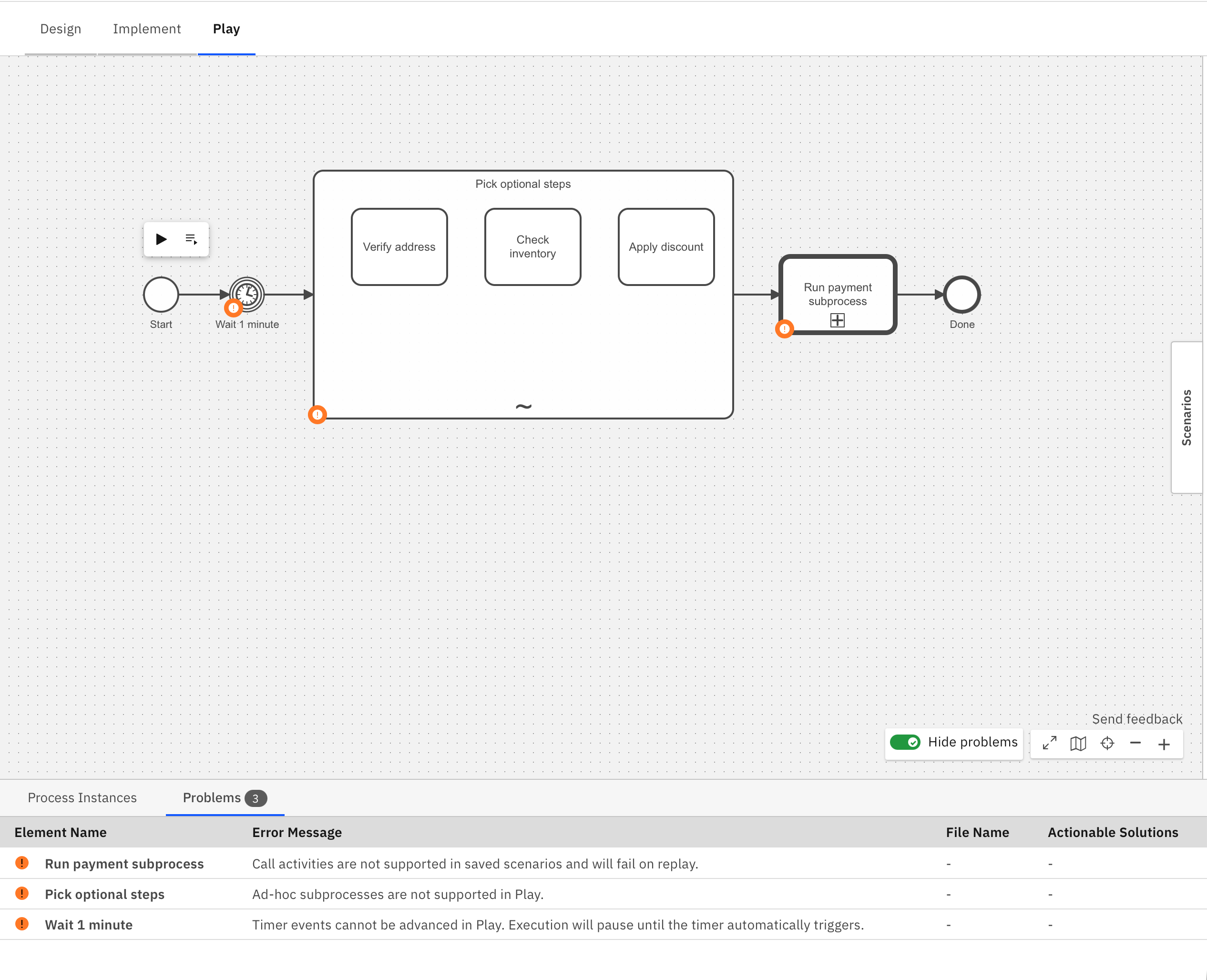 Play warning badges on diagram elements