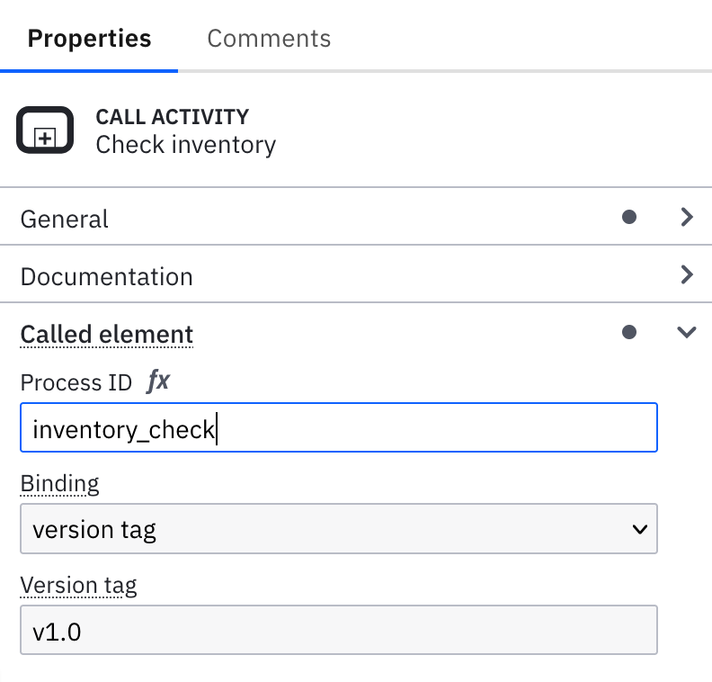 called element section in properties panel