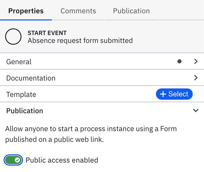 Enabling public access in the properties panel