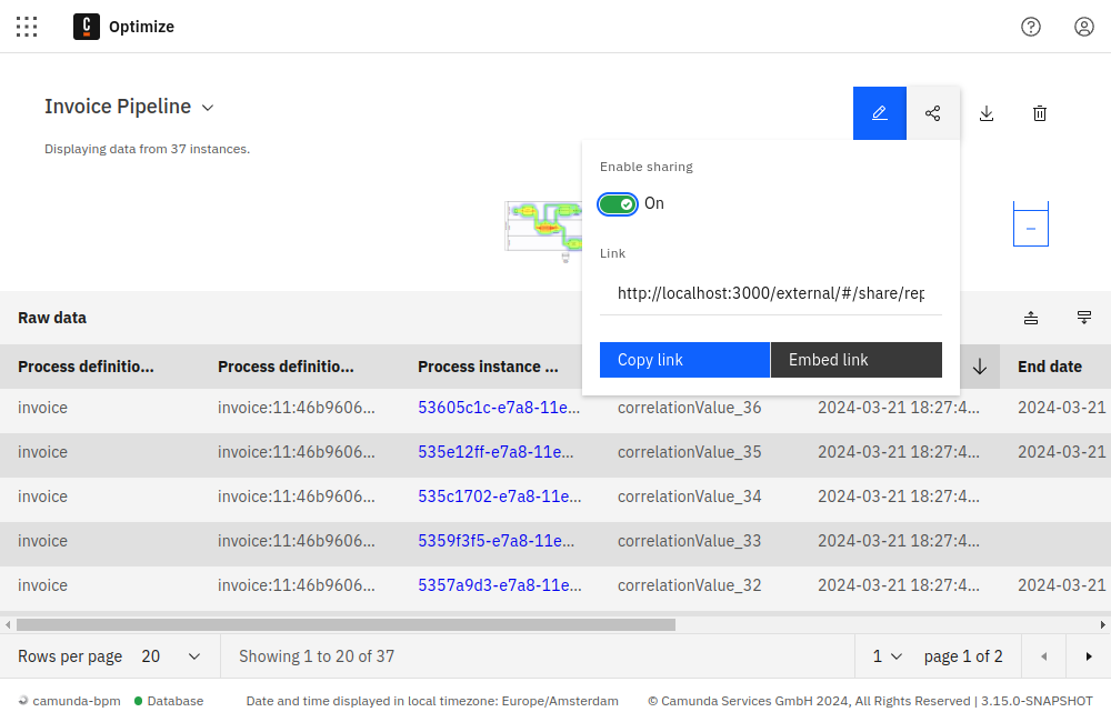 report sharing popover in Camunda Optimize