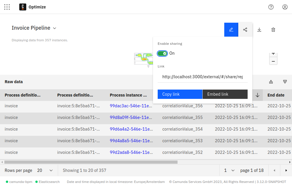 report sharing popover in Camunda Optimize