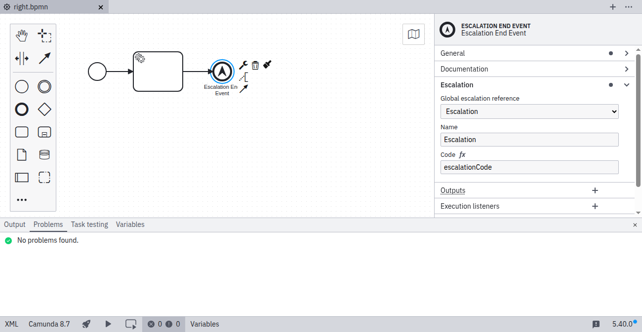 Escalation selected and escalation code specified