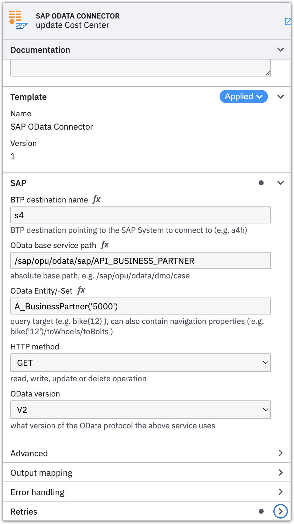 SAP OData connector element template