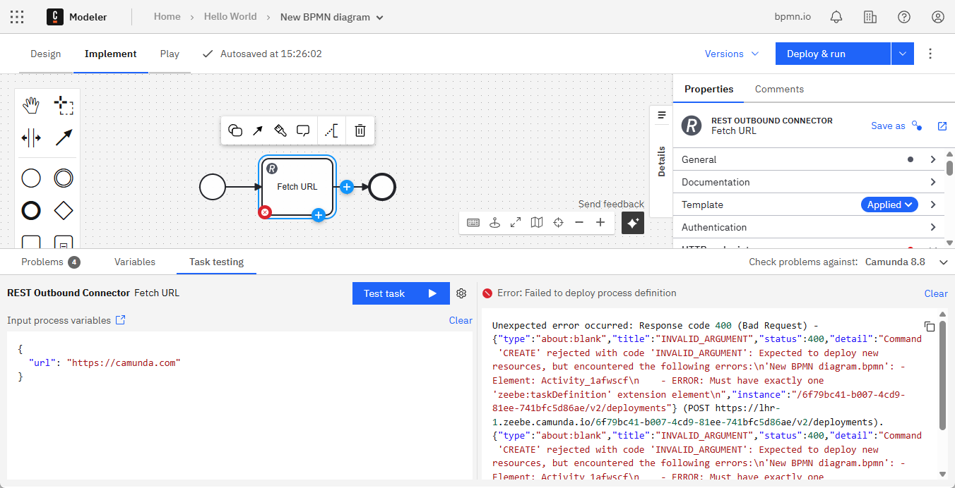 Execution error message shown after a task test fails due to a configuration or network issue