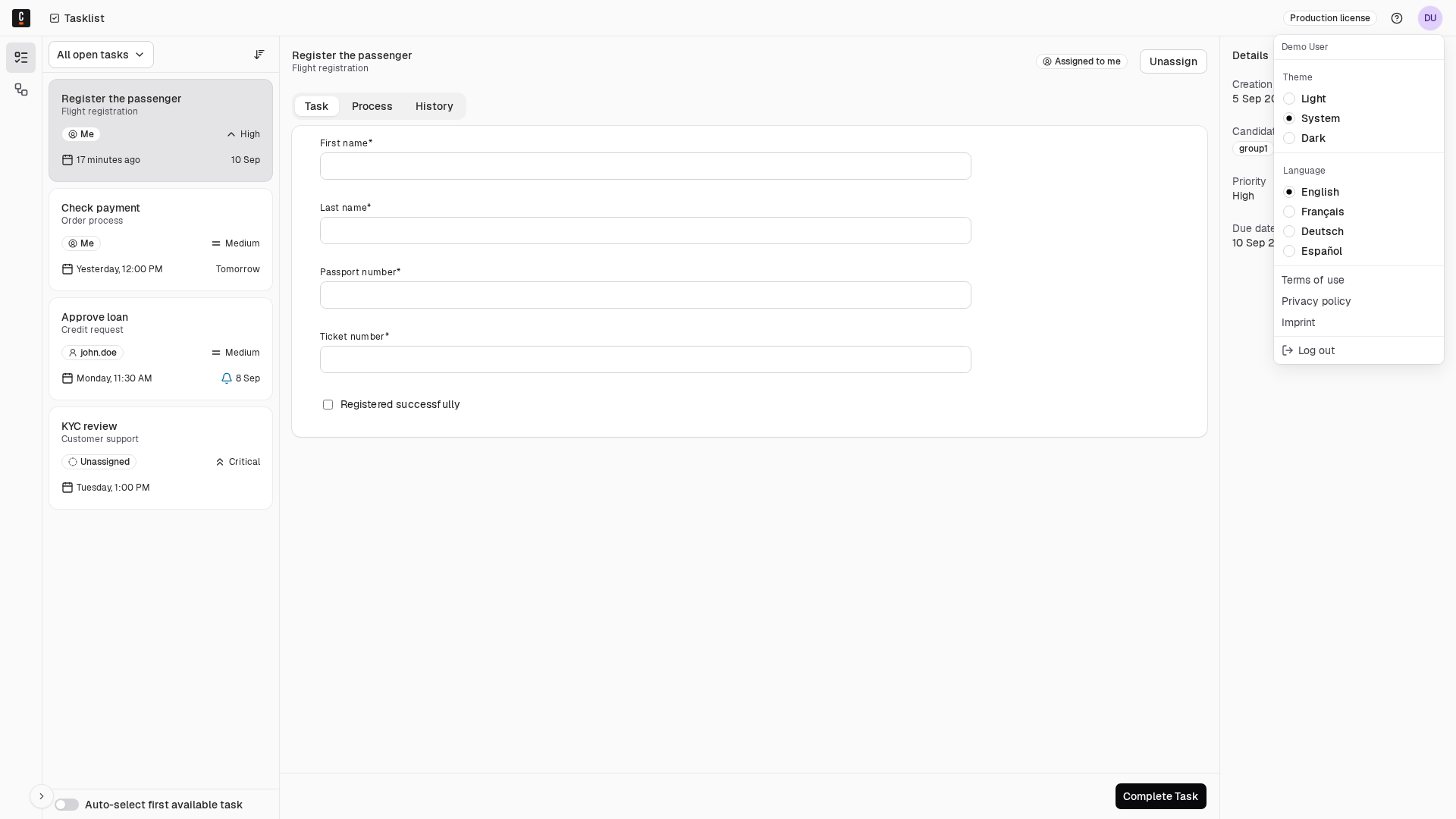 Language options in the Tasklist user menu