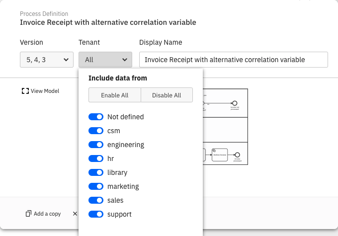 Process definition selection for a multi-tenancy scenario