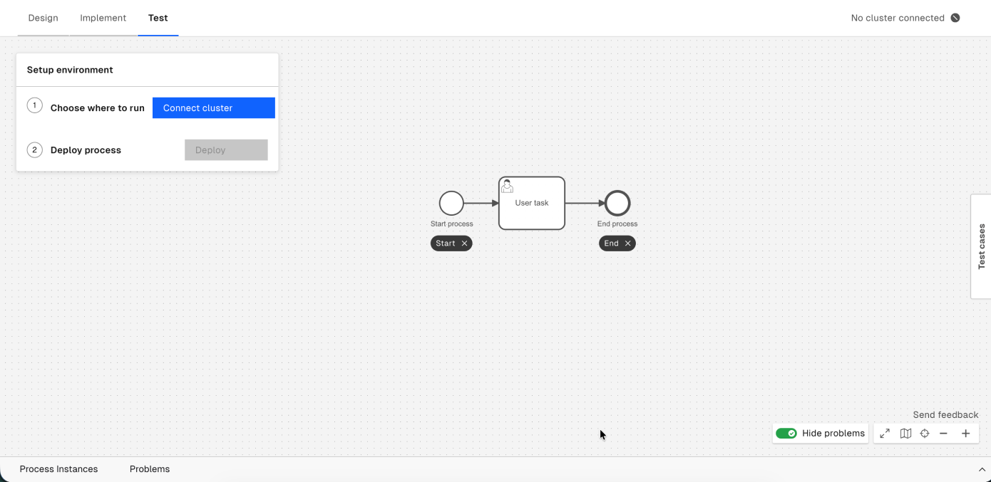 Test mode process definition view showing the Configure test case overlay