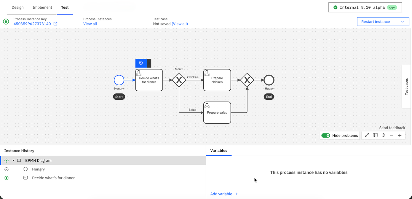 Process instance view during a test run