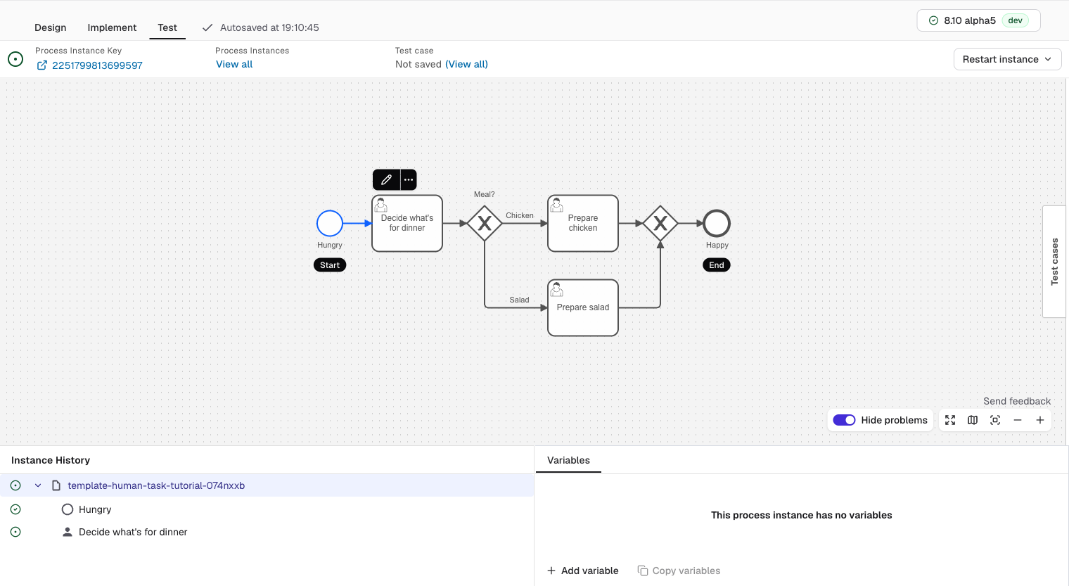 Process instance view during a test run