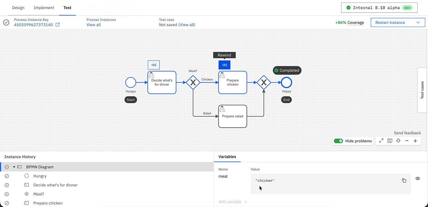 Rewinding a process in Test mode